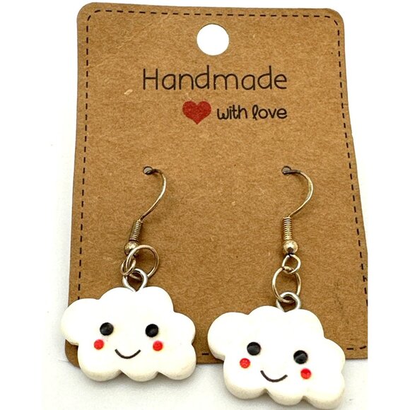Cheery Happy Smiley Face Cloud Earrings Handmade Dangle Drop Kids Teens Adults - Picture 1 of 4
